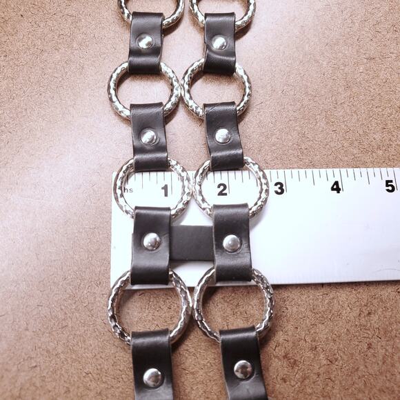 NWOT Ansaldo Dual Row Hammer Textured O-Ring Belt Leather Italy Punk Goth Rock - Picture 7 of 10